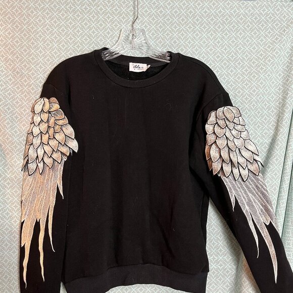 lola Tops - Women's Black/White Crew neck long slv Sweatshirt With Wings, Size S